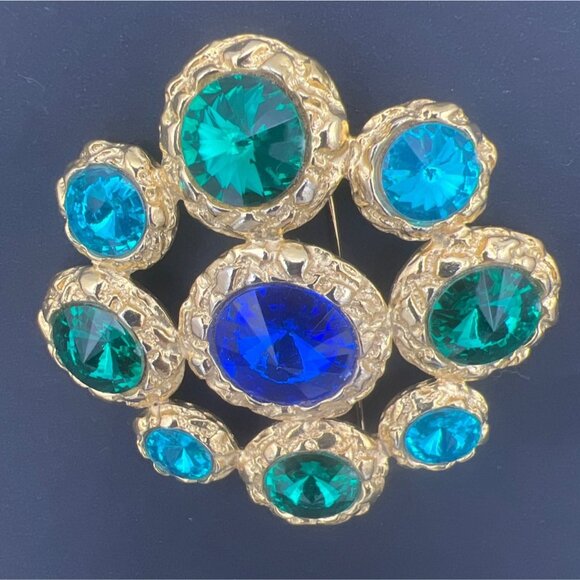 Vintage Dauplaise Brooch Royal Blue Aqua & Green Ravoli Rhinestones Cluster 3" - Picture 8 of 8